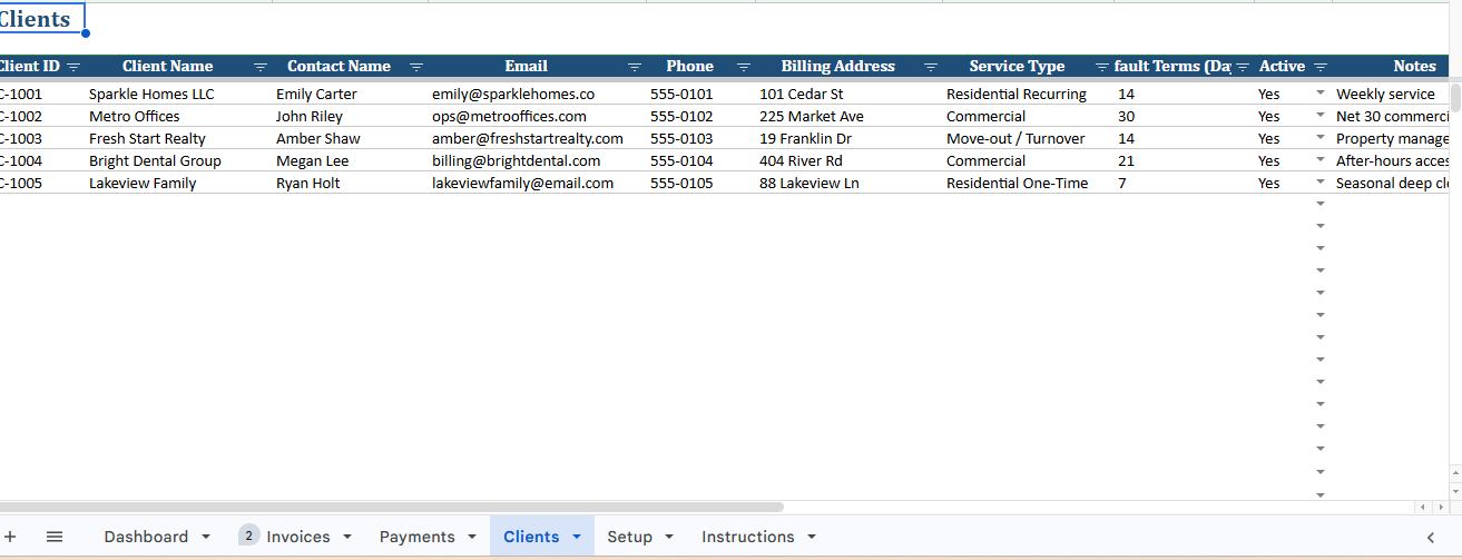 Invoice and Payment Tracker for Cleaning Businesses