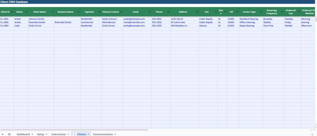 Cleaning Client CRM + Service Tracker for Cleaning Businesses