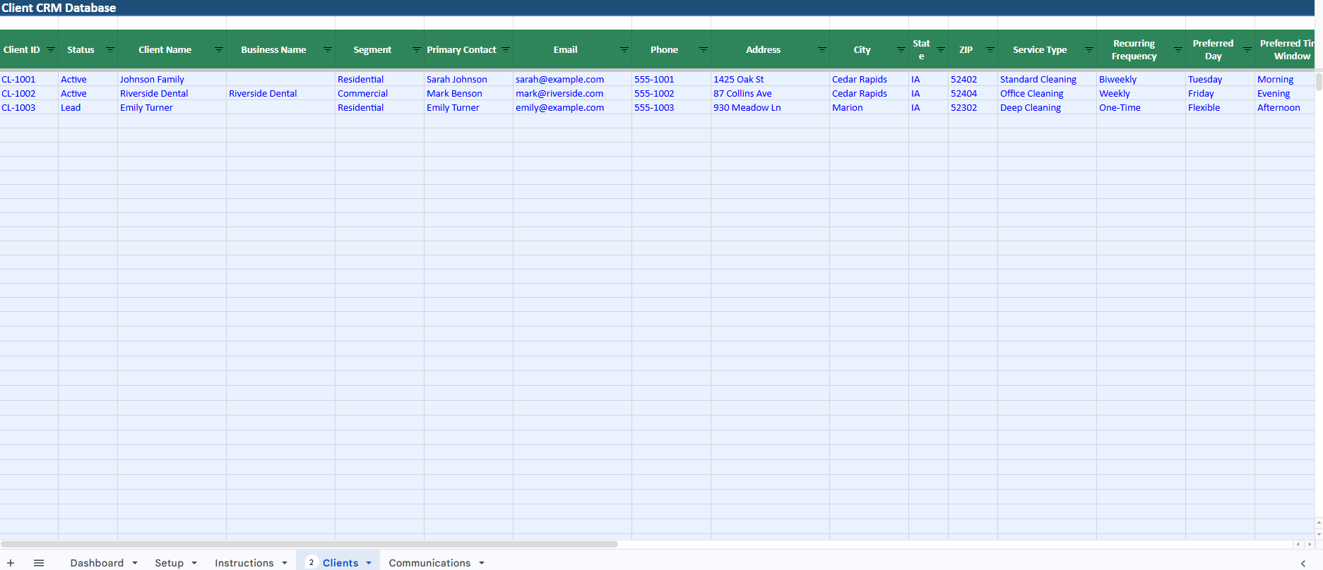 Cleaning Client CRM + Service Tracker for Cleaning Businesses
