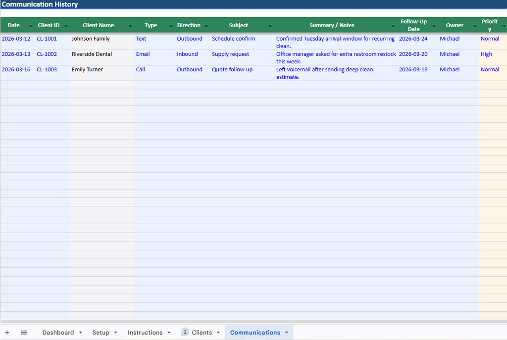 Cleaning Client CRM + Service Tracker for Cleaning Businesses