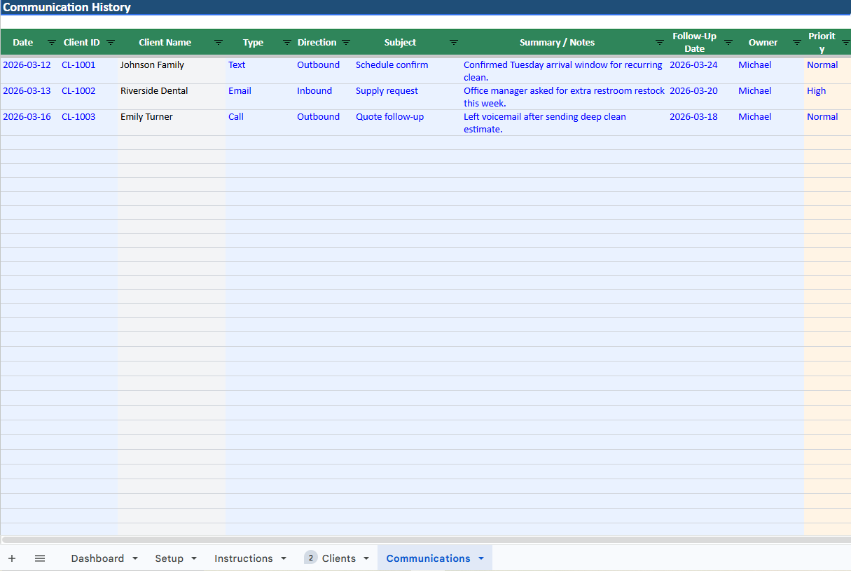 Cleaning Client CRM + Service Tracker for Cleaning Businesses