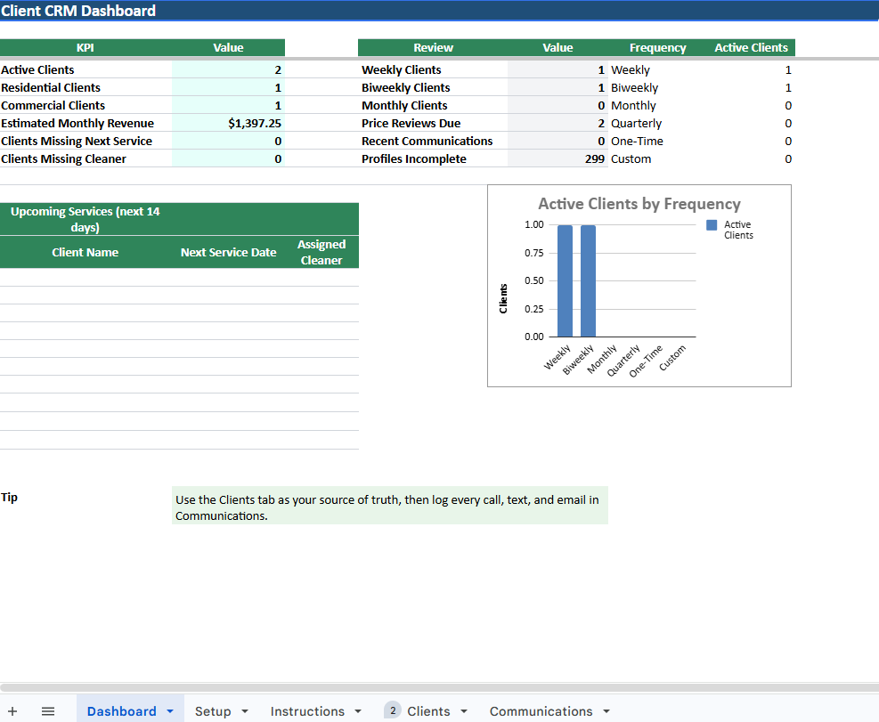 Cleaning Client CRM + Service Tracker for Cleaning Businesses