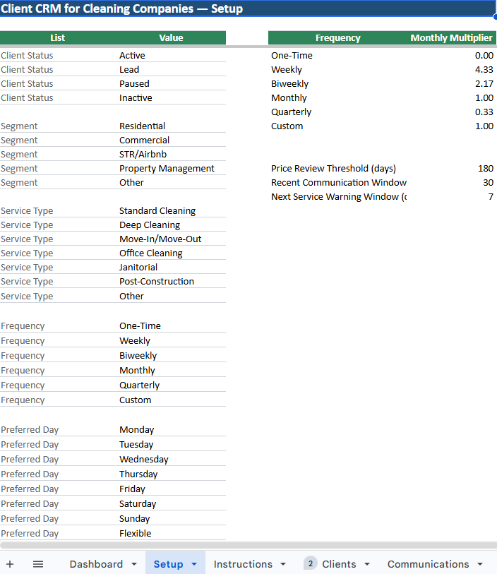 Cleaning Client CRM + Service Tracker for Cleaning Businesses
