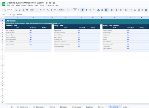 Cleaning Business Management System (Spreadsheet for Scheduling, Clients & Revenue Tracking)