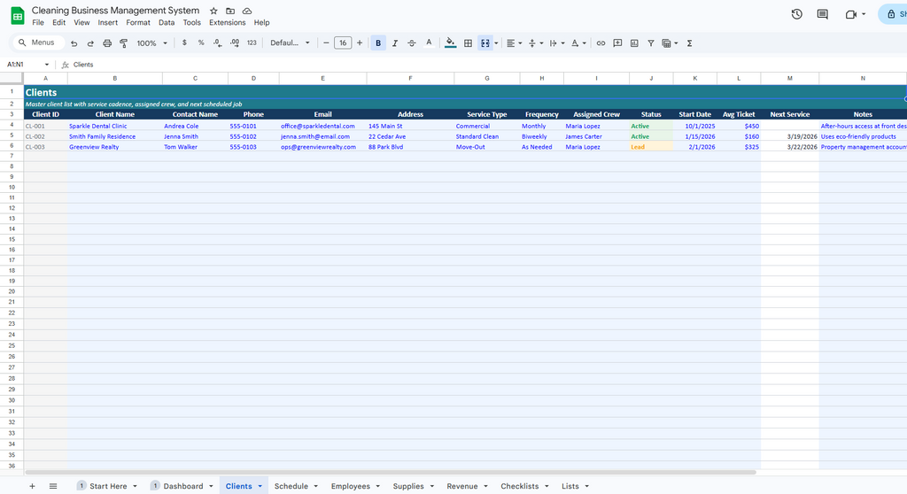 Cleaning Business Management System (Scheduling, Clients & Revenue Tracking)