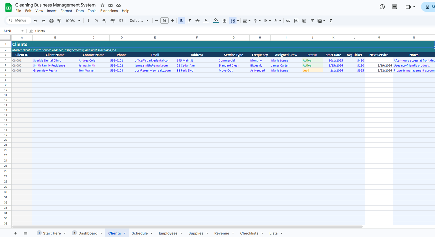 Cleaning Business Management System (Scheduling, Clients & Revenue Tracking)