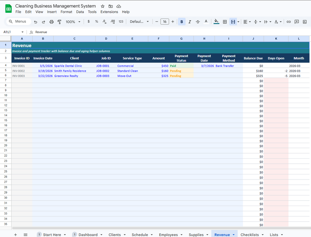 Cleaning Business Management System (Scheduling, Clients & Revenue Tracking)