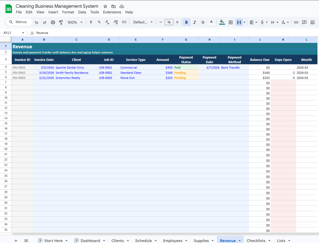 Cleaning Business Management System (Scheduling, Clients & Revenue Tracking)