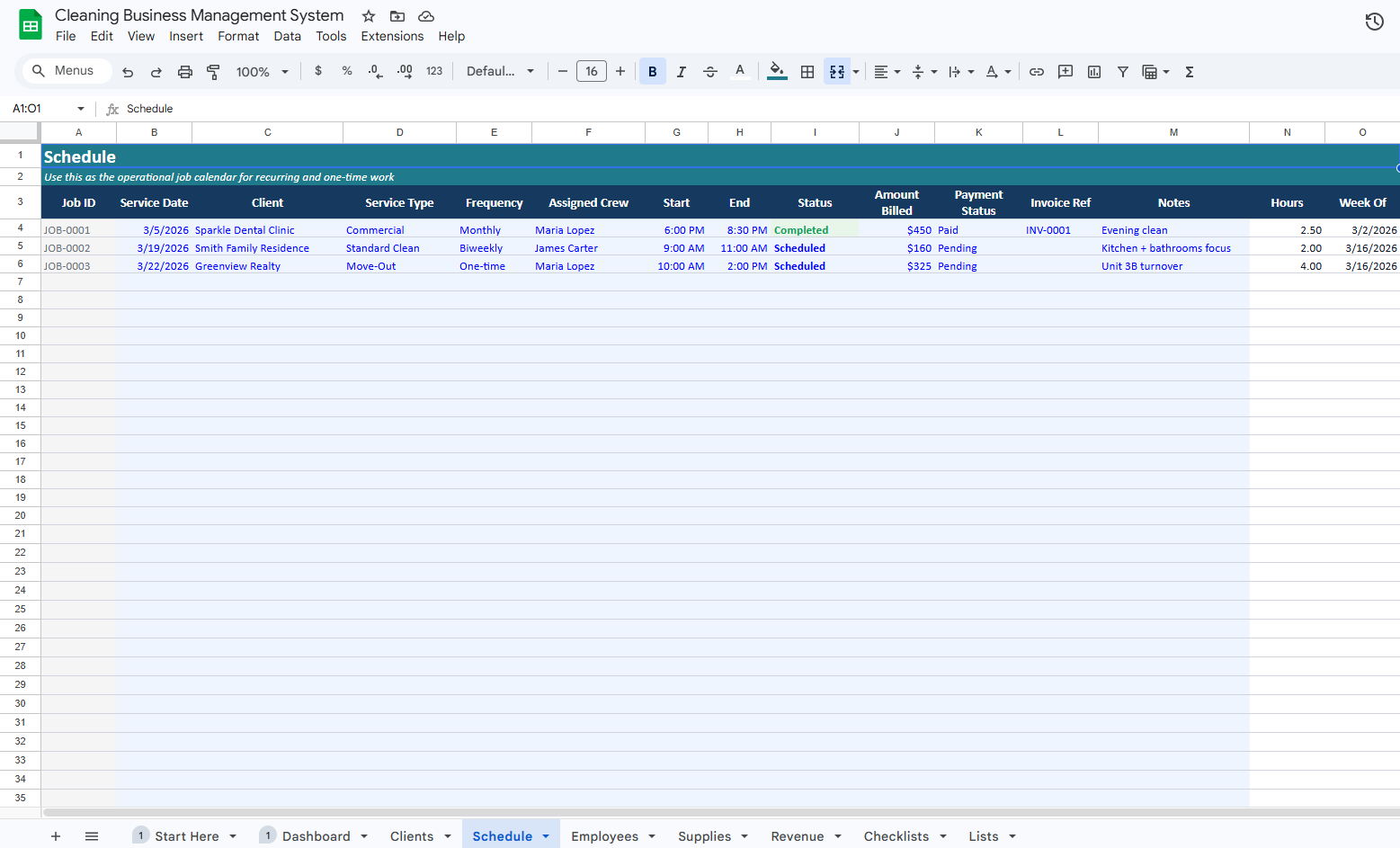 Cleaning Business Management System (Scheduling, Clients & Revenue Tracking)