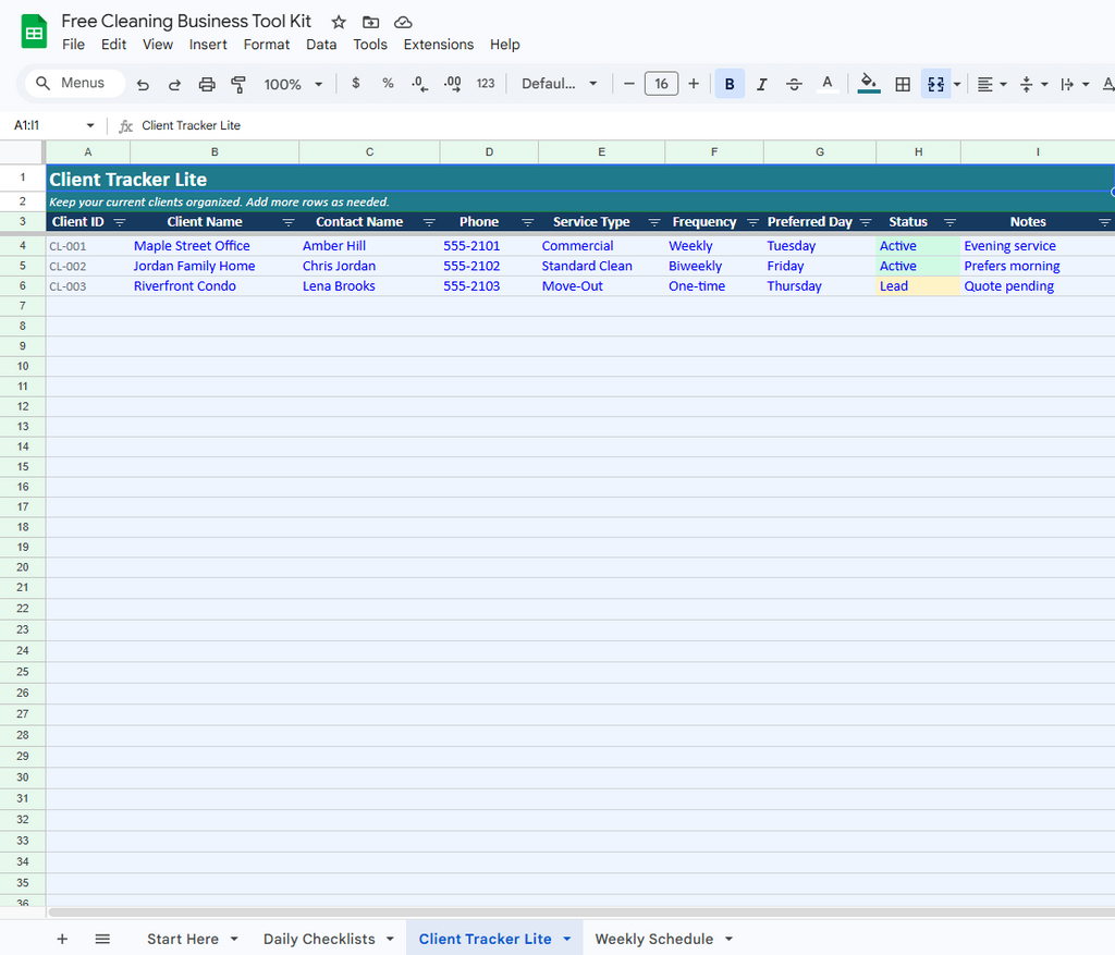 Cleaning Business Systems Client Tracker Lite