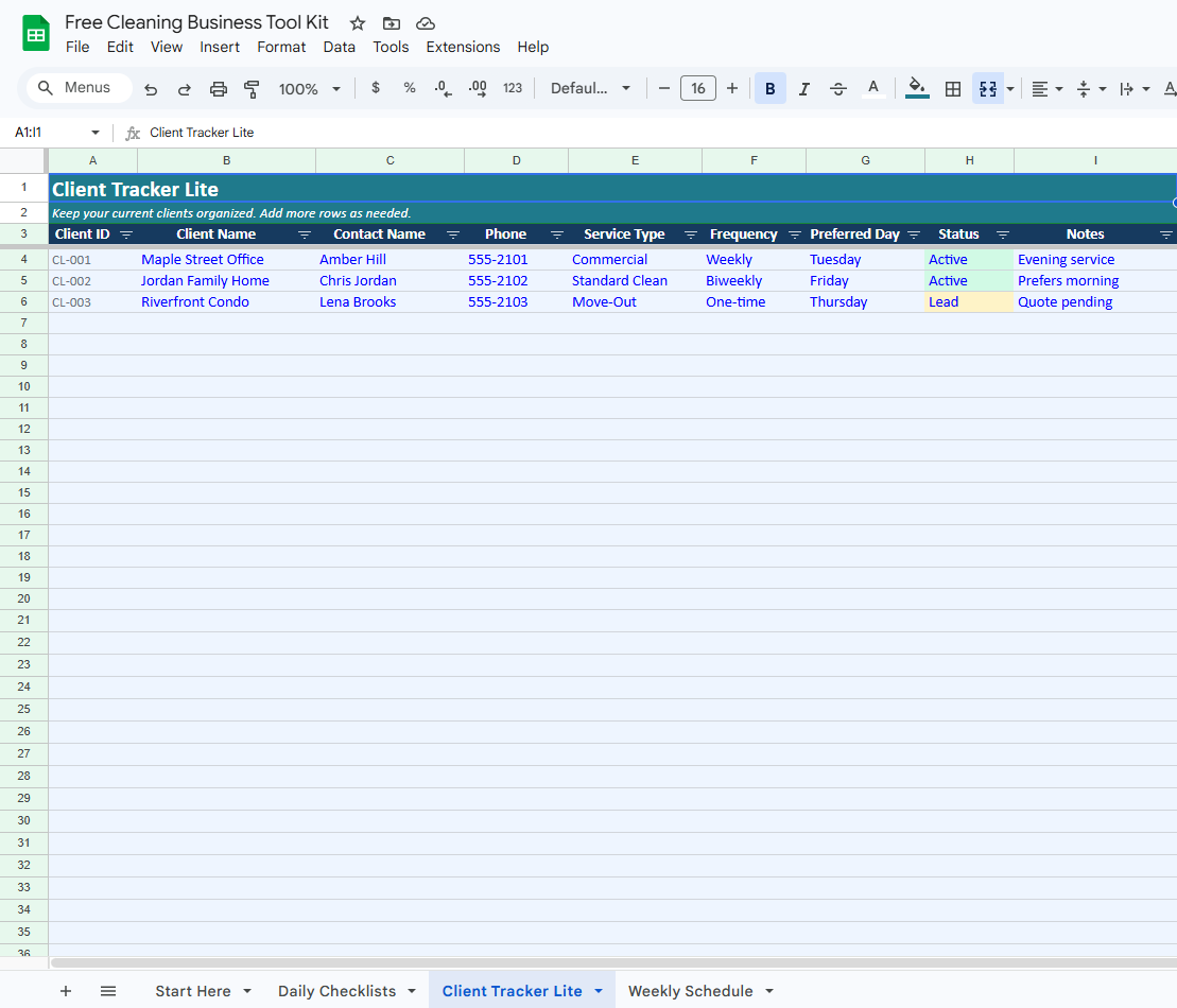 Cleaning Business Systems Client Tracker Lite