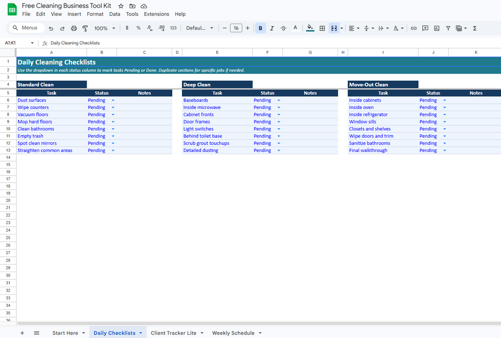 Cleaning Business Systems Daily Checklist