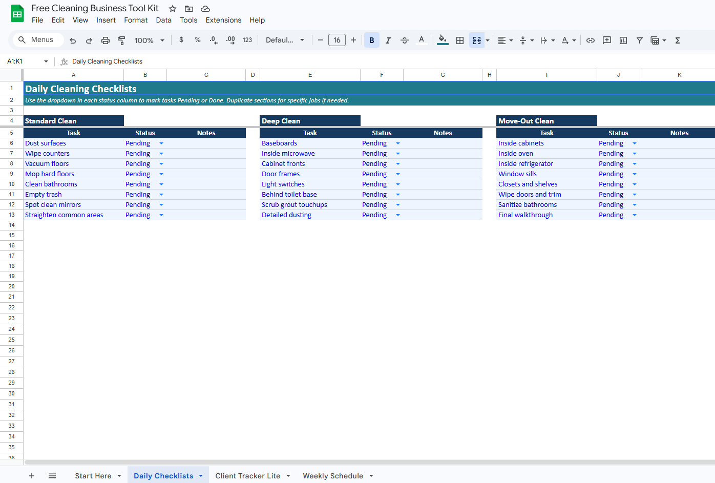 Cleaning Business Systems Daily Checklist