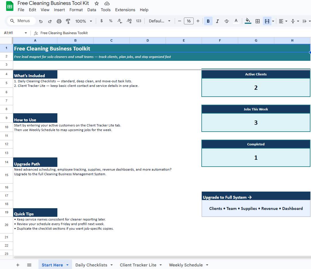 Cleaning Business System Lite Start Here Page