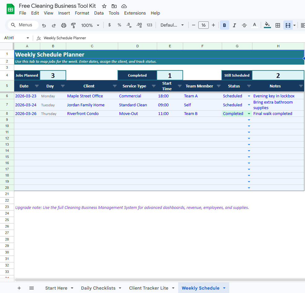 Cleaning Business Systems Weekly Schedule Page