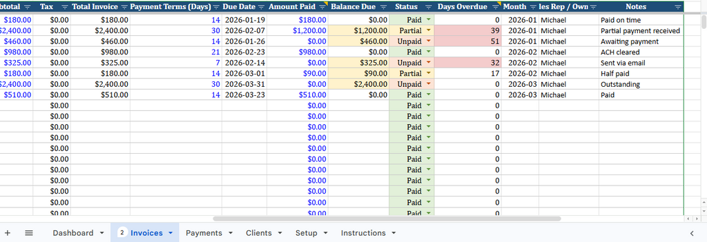 Invoice and Payment Tracker for Cleaning Businesses