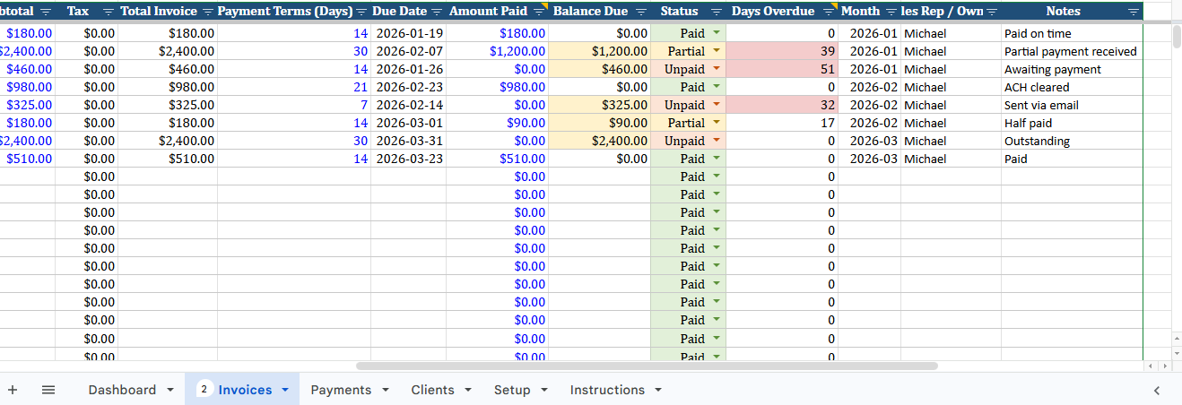 Invoice and Payment Tracker for Cleaning Businesses