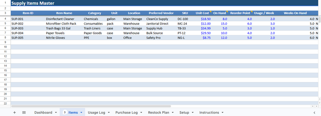 Cleaning Supplies Inventory Tracker for Cleaning Businesses
