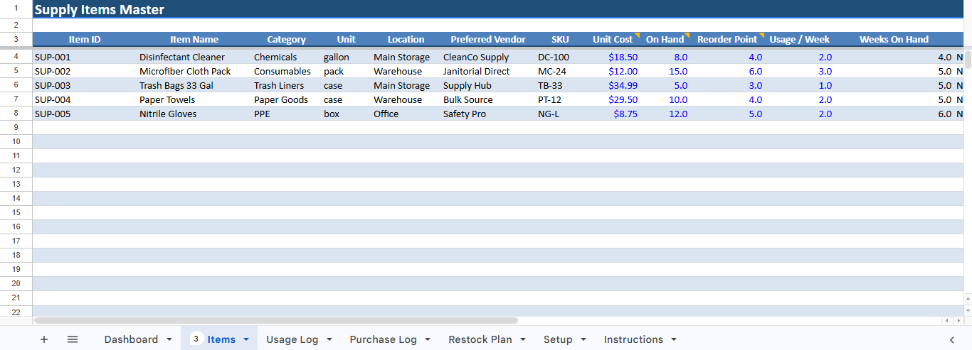 Cleaning Supplies Inventory Tracker for Cleaning Businesses