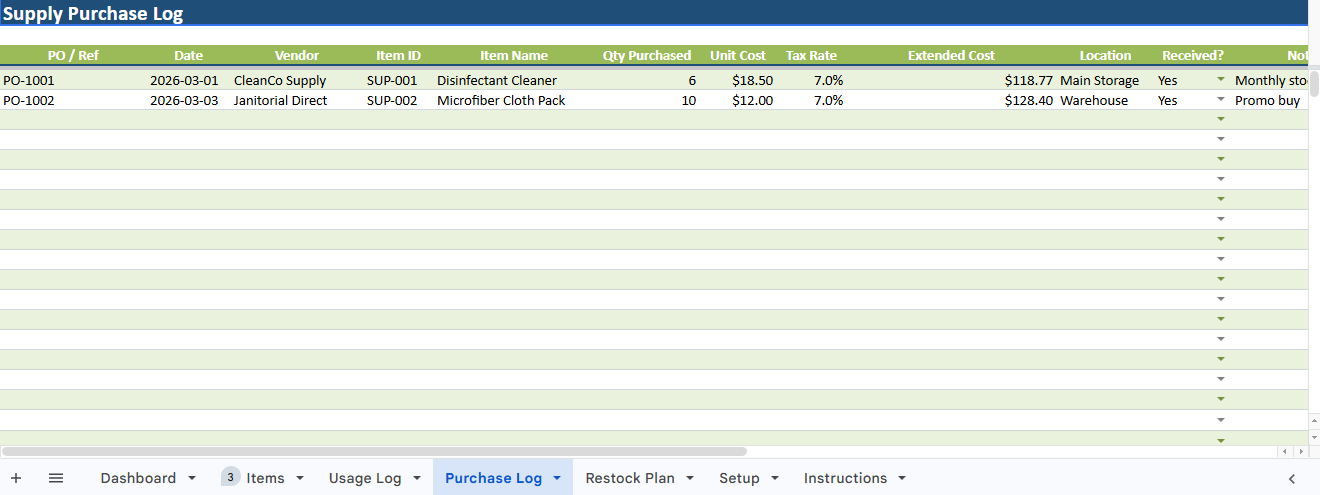 Cleaning Supplies Inventory Tracker for Cleaning Businesses